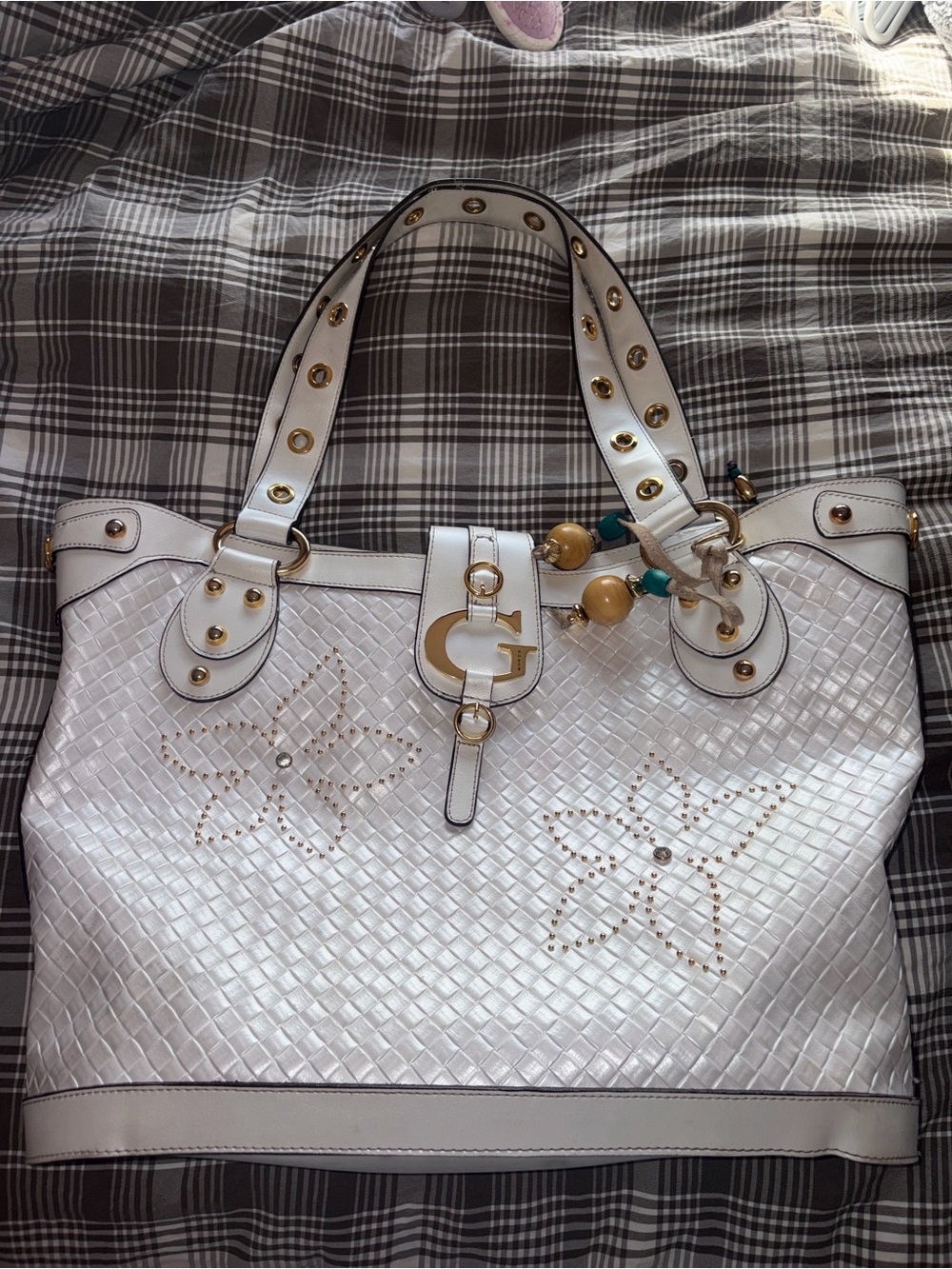 Vintage Guess White Floral-Accent Tote with Gold Hardware
